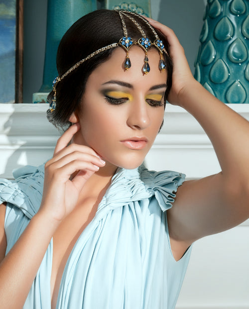 Yemaya • Gold and Blue Dangling Chain Headdress- Roxlynch.com